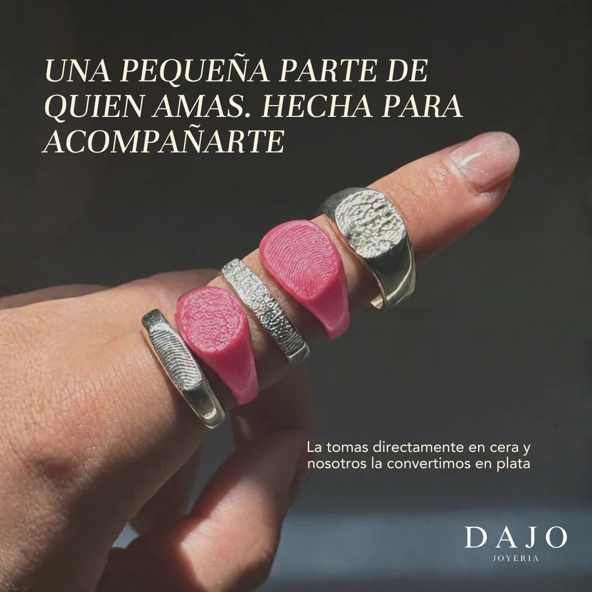 Anillos de huella en cera rosa y en plata: la huella que tomas en cera se convierte en plata