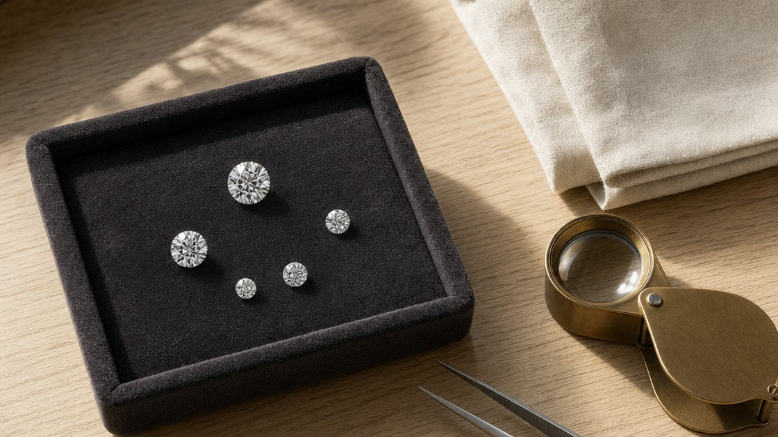 Charola con diamantes sueltos, lupa de joyero y pinzas sobre la mesa