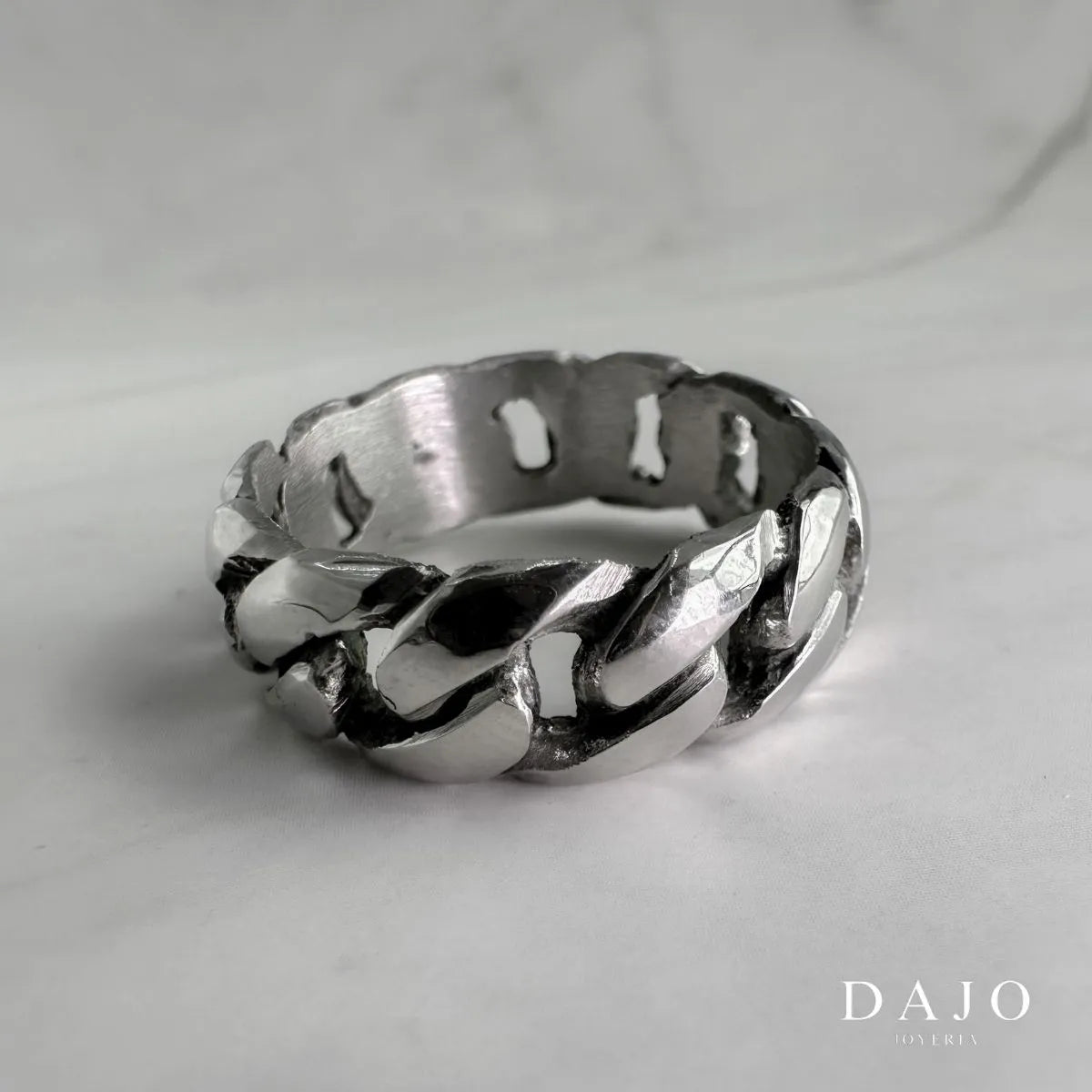 Joyería Anillo de plata .925 hecho a mano con forma de eslabones, barbado, cadena