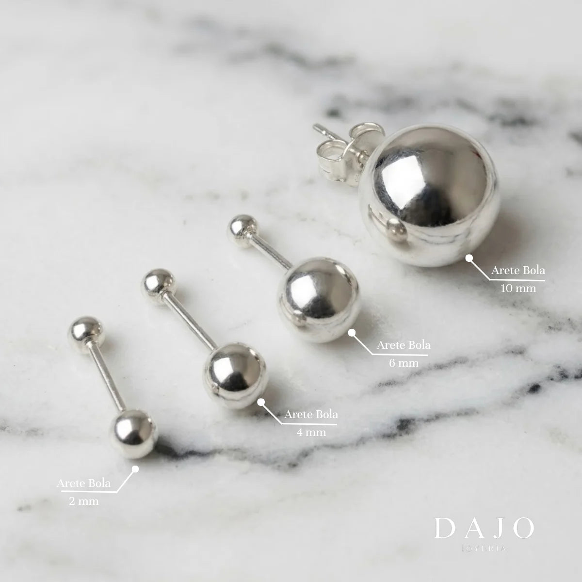 Arete Bola 2, 4, 6 y 10 mm plata .925 - regalo para novia o mama | DAJO Joyeria