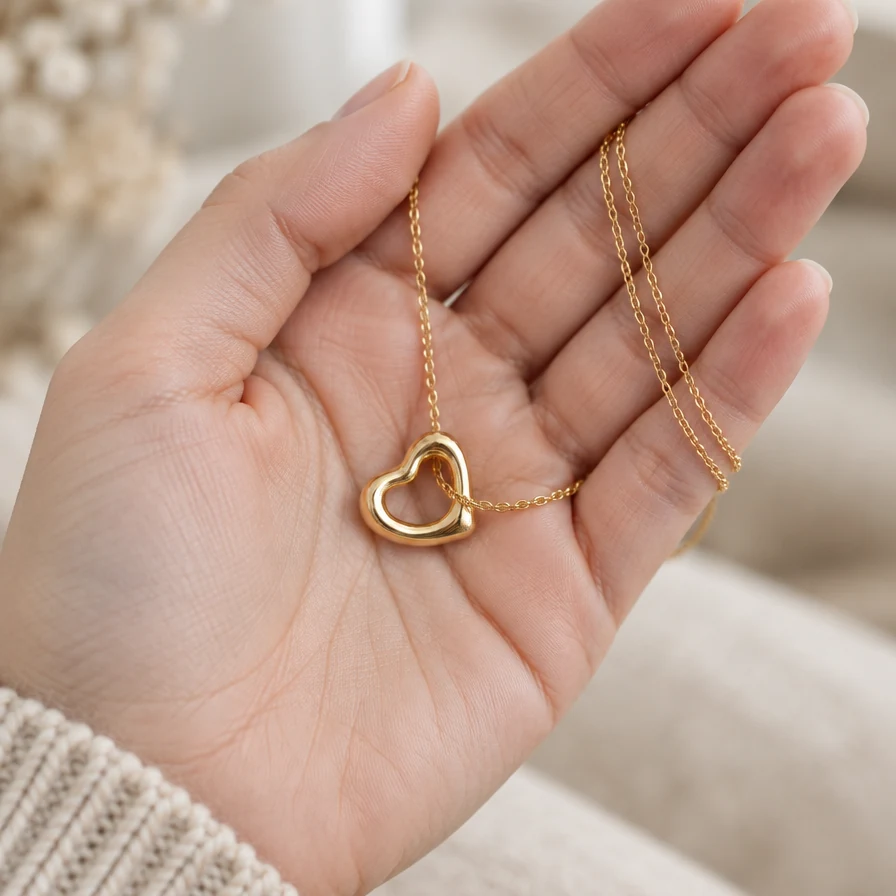 Dije Corazón Irregular de oro sólido de DAJO en la palma de la mano, con su cadena