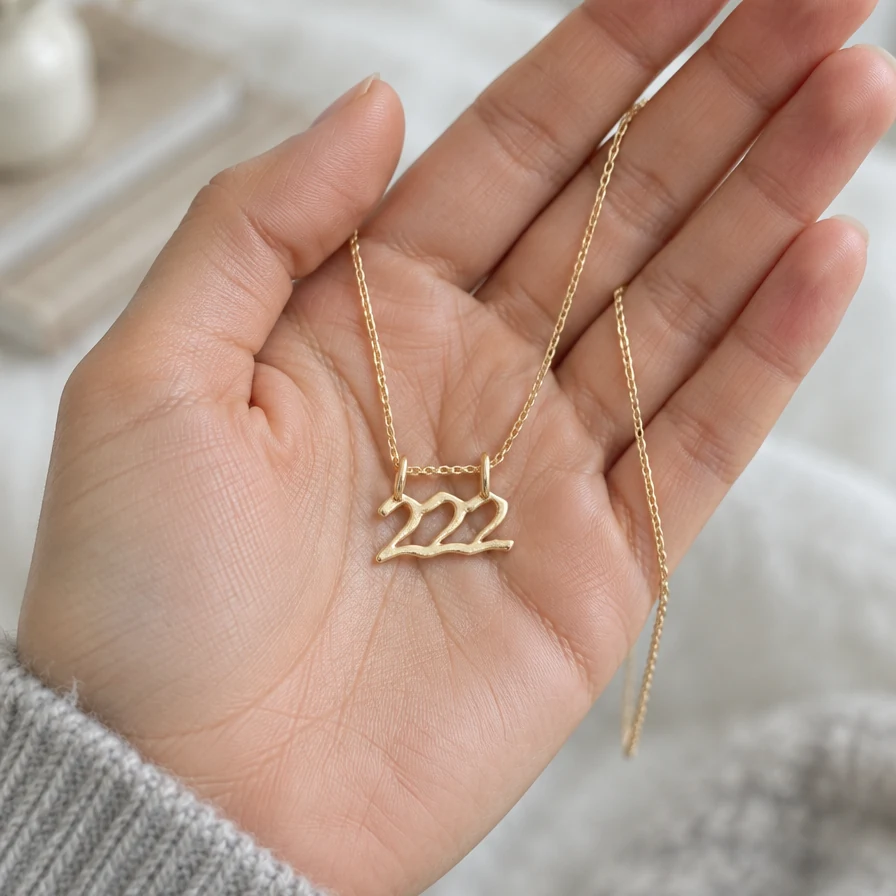 Dije Número Ángel 222 de oro sólido de DAJO en la palma de la mano, con su cadena