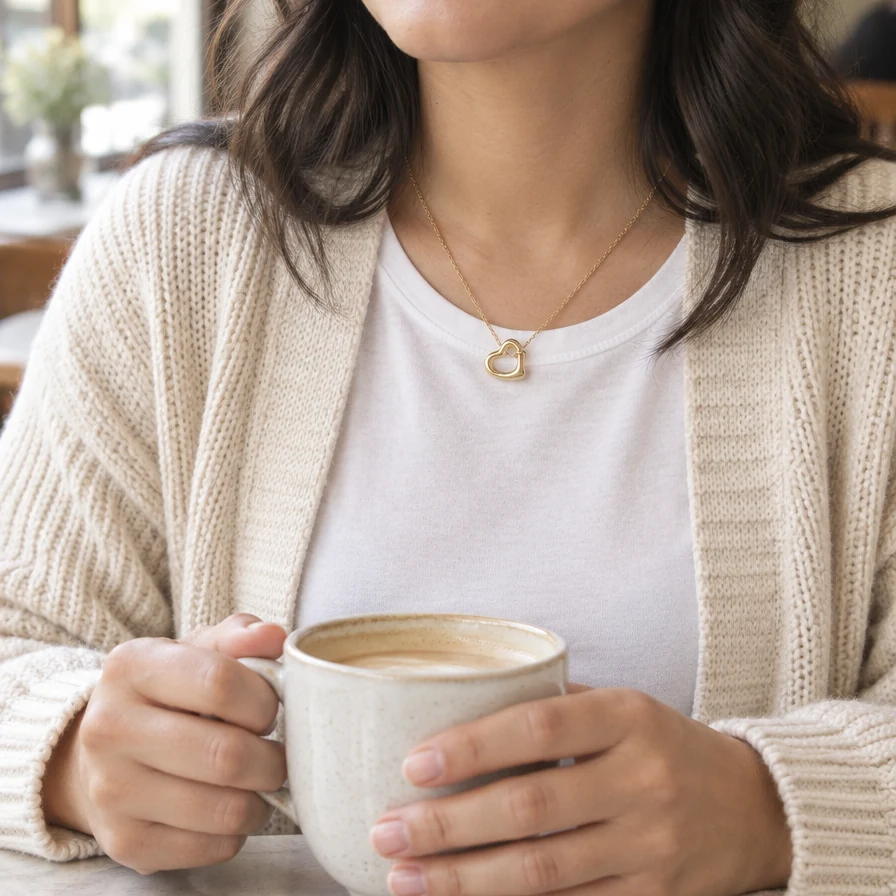 Mujer con el Dije Corazón Irregular de oro sólido de DAJO tomando café