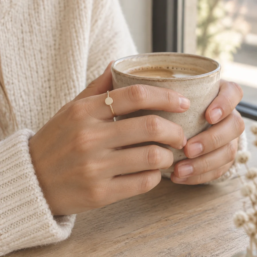 Anillo Redondo Pequeño de oro sólido de DAJO puesto, con una taza de café
