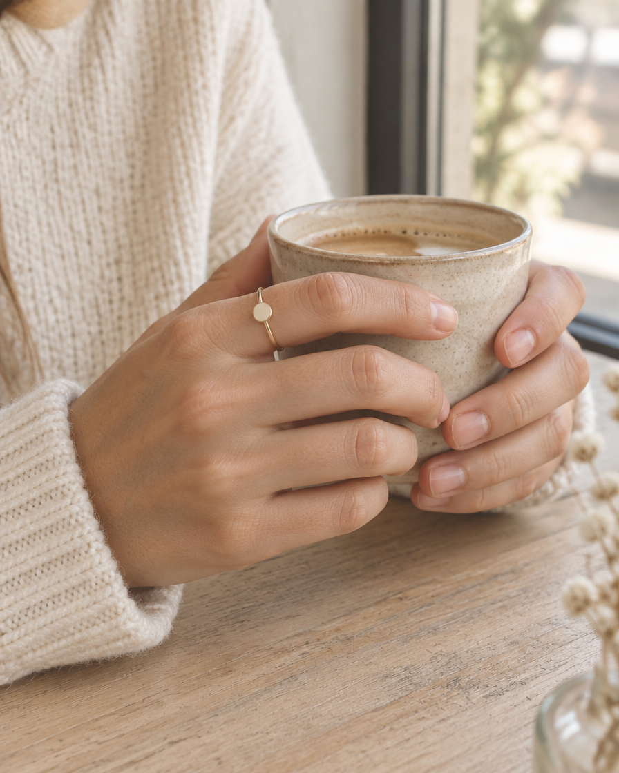 Anillo Redondo Pequeño de oro sólido de DAJO puesto, con una taza de café