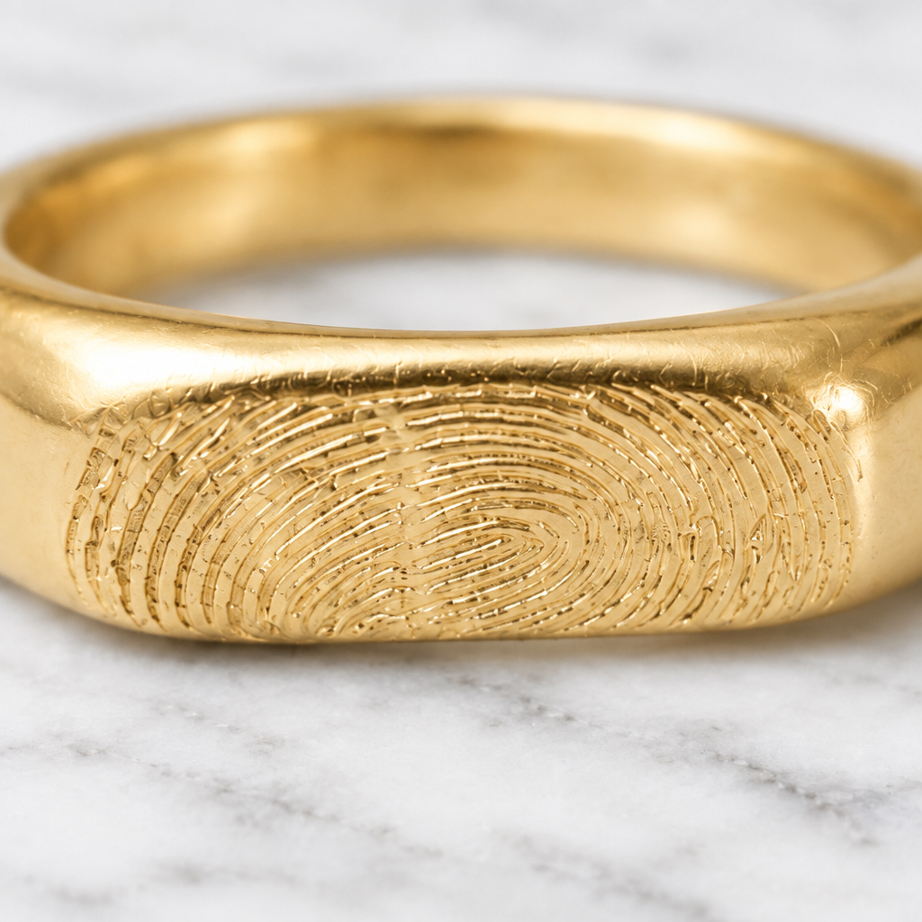 Detalle de la huella grabada en el Anillo Huella Rectangular de oro sólido - DAJO