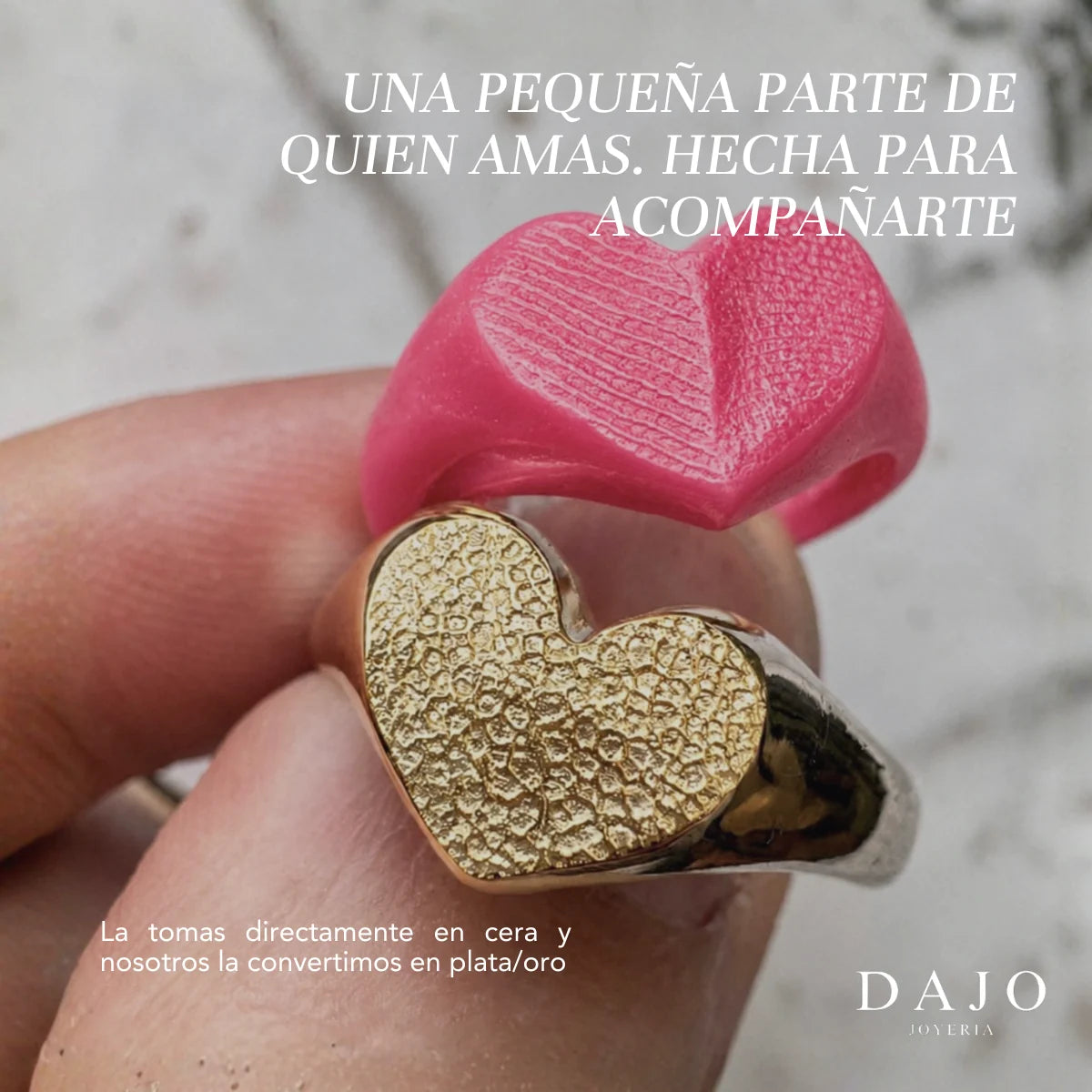 Anillo corazón de huella en cera rosa y en metal: la huella que tomas en cera se convierte en plata u oro