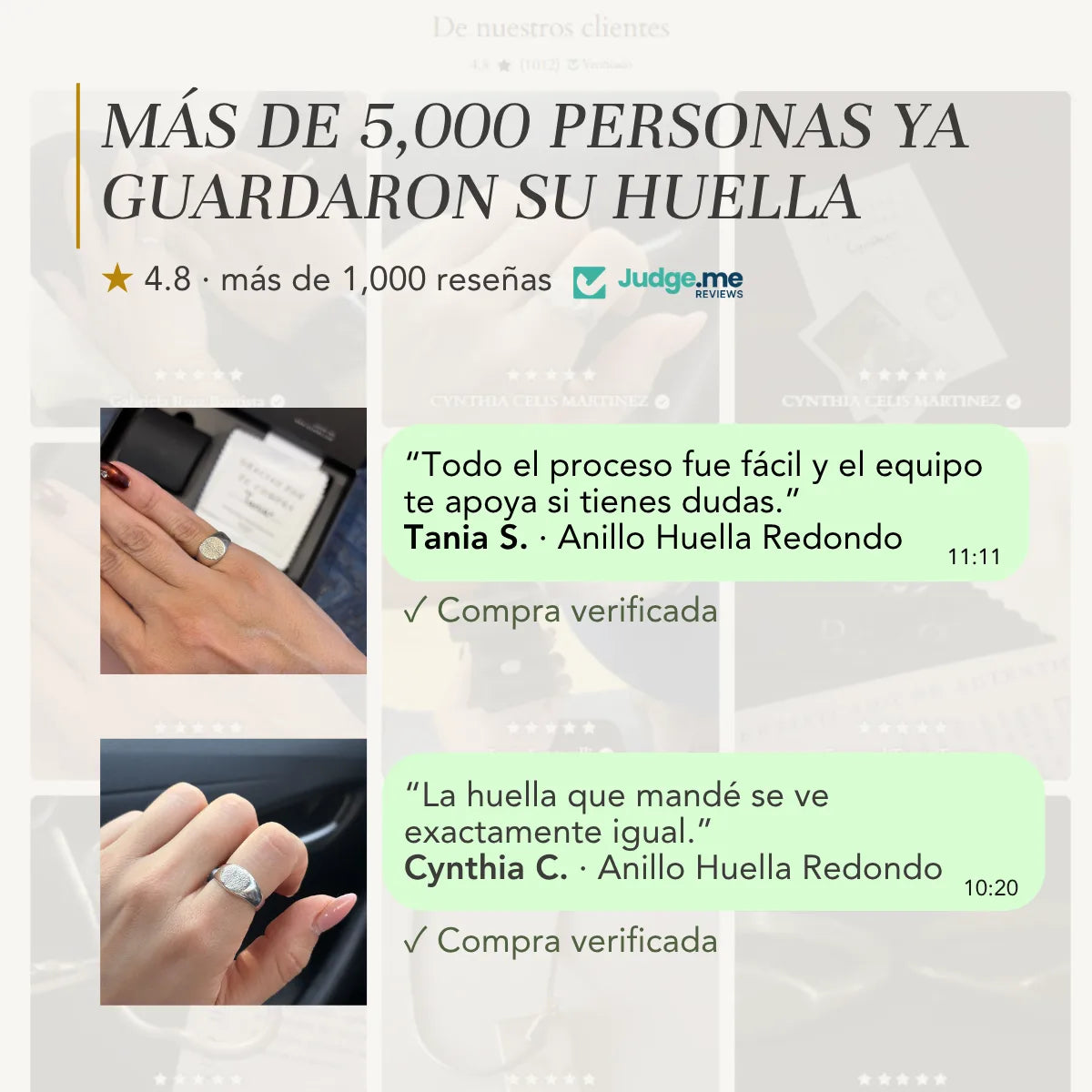 Reseñas de clientas de DAJO con su anillo de huella de plata, 4.8 estrellas