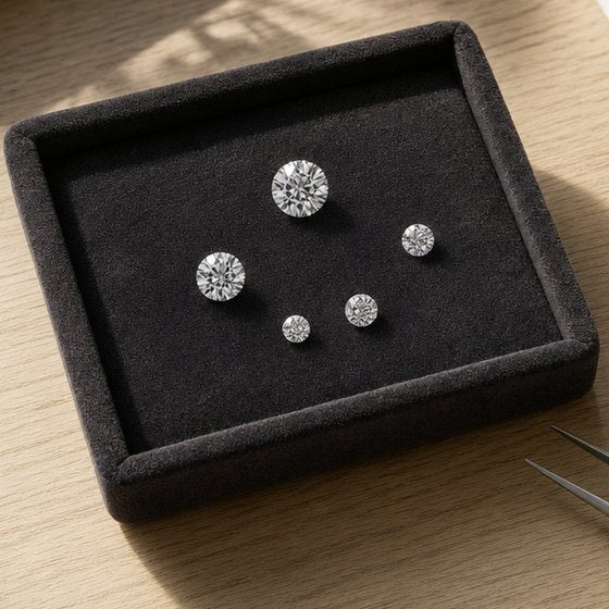 Charola con diamantes sueltos, lupa y pinzas sobre la mesa